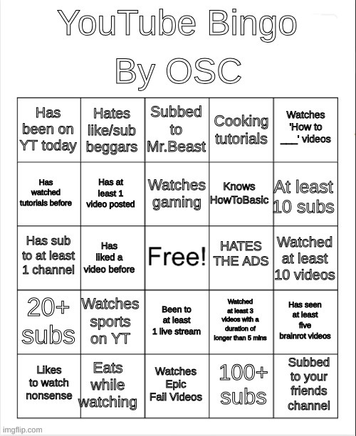 Made another bingo | image tagged in youtube bingo | made w/ Imgflip meme maker