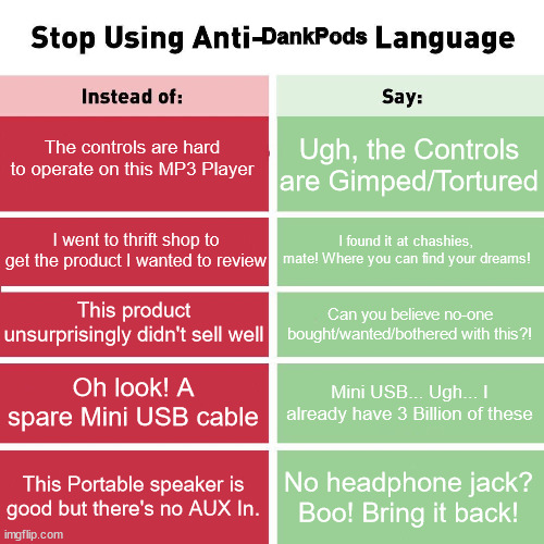 Anti-DankPods Language Part 2 | DankPods; The controls are hard to operate on this MP3 Player; Ugh, the Controls are Gimped/Tortured; I found it at chashies, mate! Where you can find your dreams! I went to thrift shop to get the product I wanted to review; This product unsurprisingly didn't sell well; Can you believe no-one bought/wanted/bothered with this?! Oh look! A spare Mini USB cable; Mini USB... Ugh... I already have 3 Billion of these; This Portable speaker is good but there's no AUX In. No headphone jack? Boo! Bring it back! | image tagged in stop using anti-animal language | made w/ Imgflip meme maker