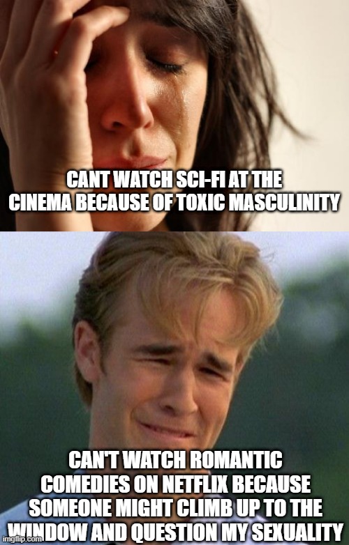 CANT WATCH SCI-FI AT THE CINEMA BECAUSE OF TOXIC MASCULINITY CAN'T WATCH ROMANTIC COMEDIES ON NETFLIX BECAUSE SOMEONE MIGHT CLIMB UP TO THE  | image tagged in memes,first world problems,1990s first world problems | made w/ Imgflip meme maker