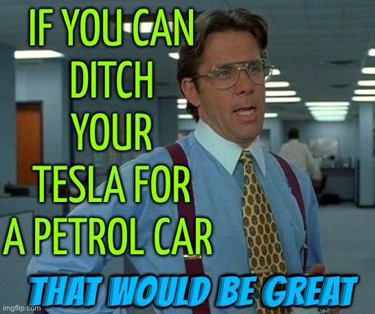 If You Can Ditch Your Tesla For A Petrol Car; That Would Be Great | IF YOU CAN
DITCH YOUR
TESLA FOR
A PETROL CAR; THAT WOULD BE GREAT | image tagged in memes,that would be great,tesla,elon musk,scumbag america,fossil fuel | made w/ Imgflip meme maker