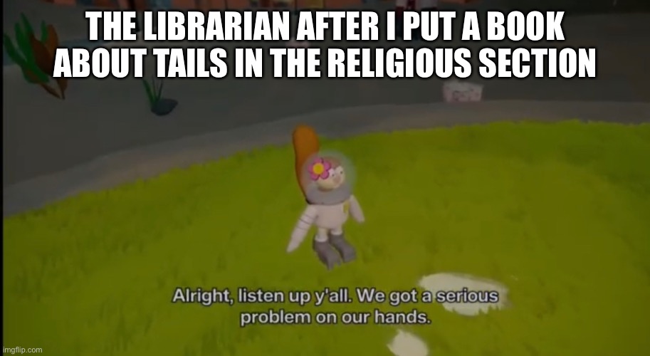 Continues stimming | THE LIBRARIAN AFTER I PUT A BOOK ABOUT TAILS IN THE RELIGIOUS SECTION | made w/ Imgflip meme maker