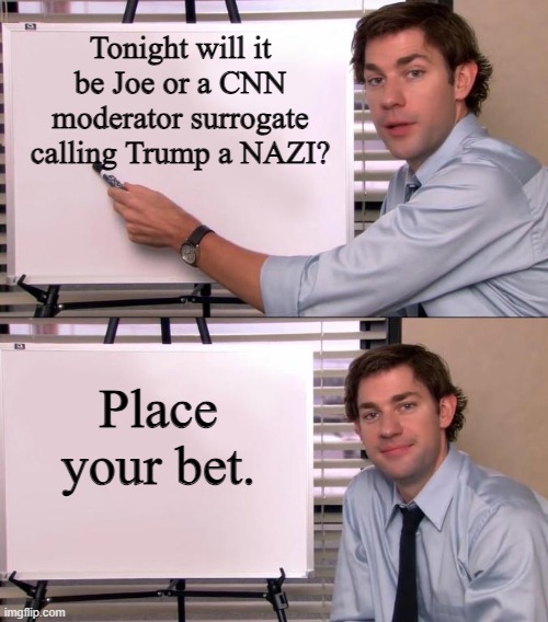 What are the Vegas odds? | Tonight will it be Joe or a CNN moderator surrogate calling Trump a NAZI? Place your bet. | image tagged in jim halpert explains | made w/ Imgflip meme maker