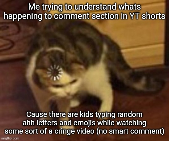 Misunderstanding situation | Me trying to understand whats happening to comment section in YT shorts; Cause there are kids typing random ahh letters and emojis while watching some sort of a cringe video (no smart comment) | image tagged in loading cat | made w/ Imgflip meme maker