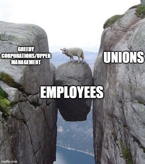 Between a rock and a hard place | GREEDY CORPORATIONS/UPPER MANAGEMENT UNIONS EMPLOYEES | image tagged in between a rock and a hard place | made w/ Imgflip meme maker