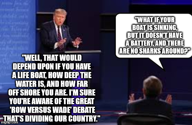 Debate 2024. Can't wait. | "WHAT IF YOUR BOAT IS SINKING, BUT IT DOESN'T HAVE A BATTERY, AND THERE ARE NO SHARKS AROUND?"; "WELL, THAT WOULD DEPEND UPON IF YOU HAVE A LIFE BOAT, HOW DEEP THE WATER IS, AND HOW FAR OFF SHORE YOU ARE. I'M SURE YOU'RE AWARE OF THE GREAT
 'ROW VERSUS WADE' DEBATE THAT'S DIVIDING OUR COUNTRY." | image tagged in trump stable genius,trump bizarre ramblings | made w/ Imgflip meme maker