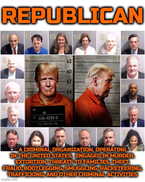 REPUBLICAN | REPUBLICAN; A CRIMINAL ORGANIZATION, OPERATING IN THE UNITED STATES,  ENGAGED IN MURDER, EXTORTION, THREATS TO FAMILIES, THEFT, FRAUD, BOOTLEGGING, SMUGGLING, RACKETEERING, TRAFFICKING, AND OTHER CRIMINAL ACTIVITIES | image tagged in republican,criminal,organized crime,fraud,racketeering,theft | made w/ Imgflip meme maker