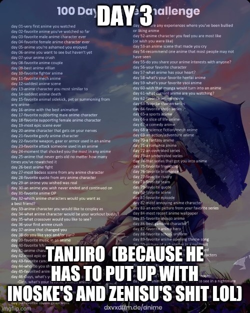 100 day anime challenge | DAY 3; TANJIRO  (BECAUSE HE HAS TO PUT UP WITH INOSKE'S AND ZENISU'S SHIT LOL) | image tagged in 100 day anime challenge | made w/ Imgflip meme maker