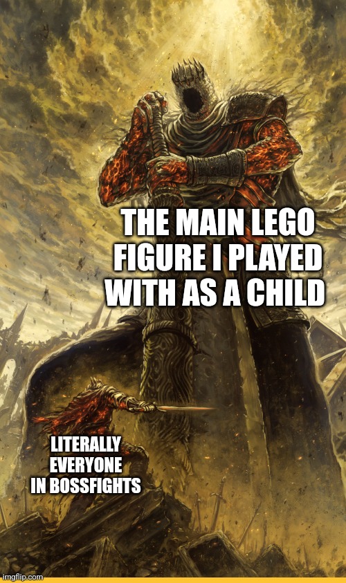 The lore for him was the most insane thing ever | THE MAIN LEGO FIGURE I PLAYED WITH AS A CHILD; LITERALLY EVERYONE IN BOSSFIGHTS | image tagged in fantasy painting | made w/ Imgflip meme maker