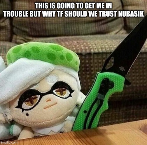 Marie plush with a knife | THIS IS GOING TO GET ME IN TROUBLE BUT WHY TF SHOULD WE TRUST NUBASIK | image tagged in marie plush with a knife | made w/ Imgflip meme maker