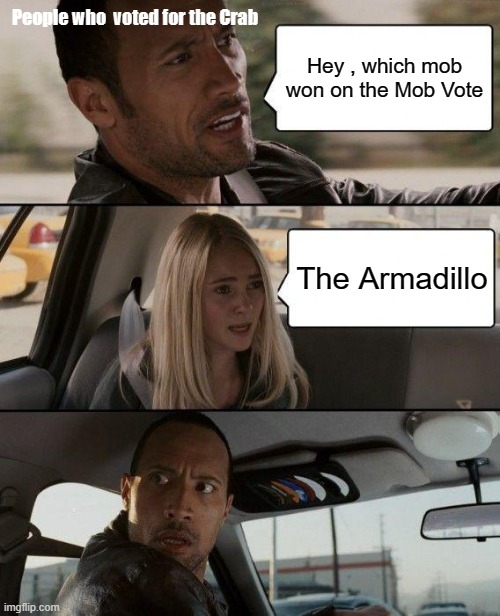 People who voted for the Crab in Minecraft | People who  voted for the Crab; Hey , which mob won on the Mob Vote; The Armadillo | image tagged in memes,the rock driving | made w/ Imgflip meme maker