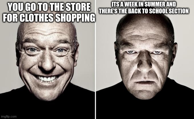 It's not even fall | ITS A WEEK IN SUMMER AND THERE'S THE BACK TO SCHOOL SECTION; YOU GO TO THE STORE FOR CLOTHES SHOPPING | image tagged in dean norris reaction,why,school,relatable | made w/ Imgflip meme maker