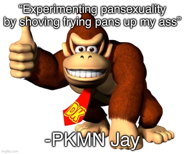 Throwback to when the legend said this | “Experimenting pansexuality by shoving frying pans up my ass”; -PKMN Jay | image tagged in donkey butter | made w/ Imgflip meme maker
