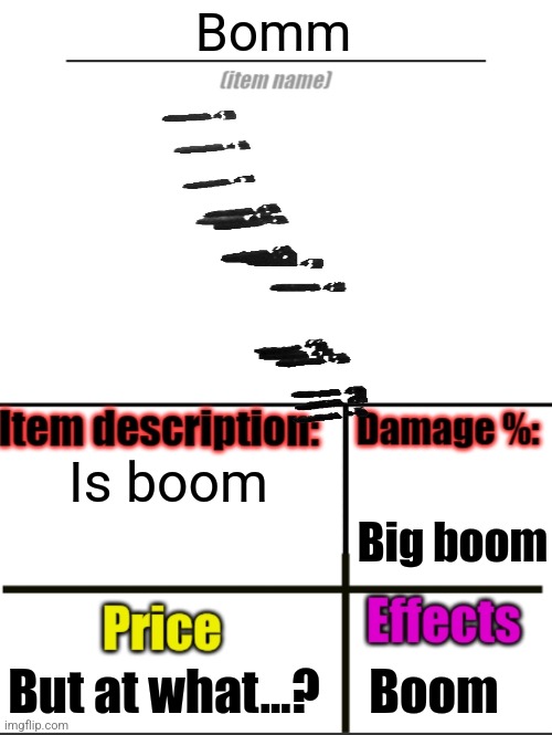 Is boom | Bomm; Is boom; Big boom; But at what...? Boom | image tagged in item-shop extended | made w/ Imgflip meme maker