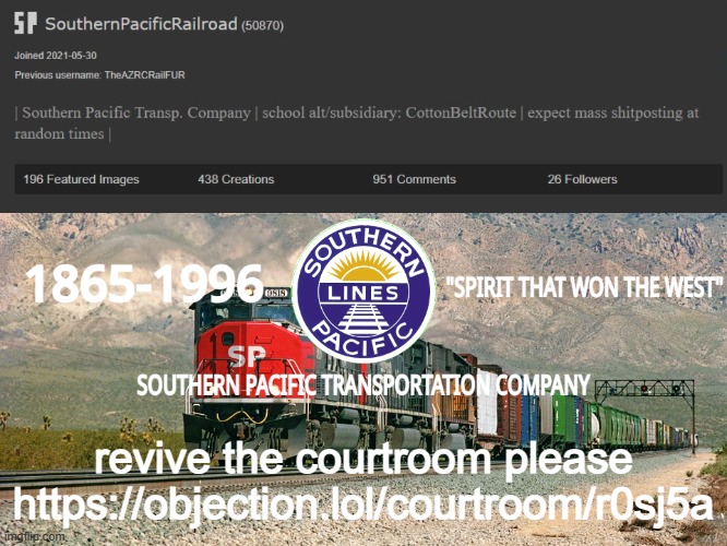 https://objection.lol/courtroom/r0sj5a (srry for posting again) | revive the courtroom please
https://objection.lol/courtroom/r0sj5a | image tagged in southernpacificrailroad anno te p | made w/ Imgflip meme maker