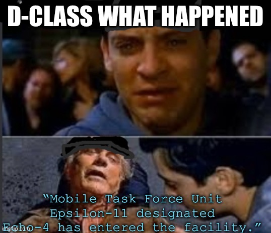 “D-Boi what happened?!” | D-CLASS WHAT HAPPENED; “Mobile Task Force Unit Epsilon-11 designated Echo-4 has entered the facility.” | image tagged in uncle ben what happened | made w/ Imgflip meme maker