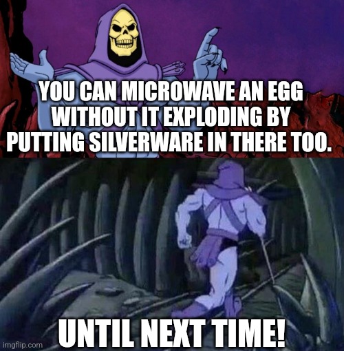 Yo guys it really works | YOU CAN MICROWAVE AN EGG WITHOUT IT EXPLODING BY PUTTING SILVERWARE IN THERE TOO. UNTIL NEXT TIME! | image tagged in he man skeleton advices | made w/ Imgflip meme maker