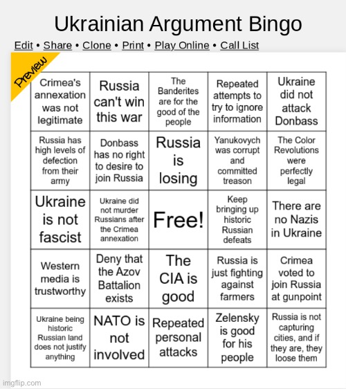 Ukrainian Argument Bingo | image tagged in ukrainian argument bingo | made w/ Imgflip meme maker