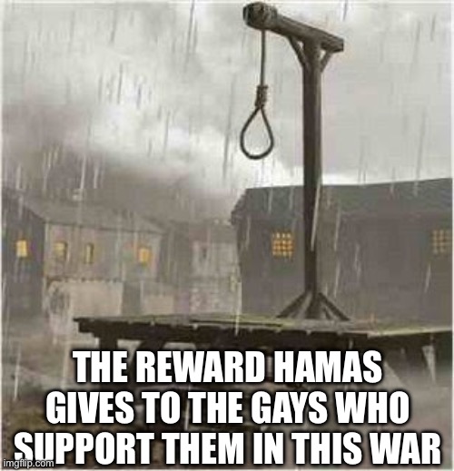 Islam in general is extremely anti-gay | THE REWARD HAMAS GIVES TO THE GAYS WHO SUPPORT THEM IN THIS WAR | image tagged in gallows,israel-hamas war | made w/ Imgflip meme maker