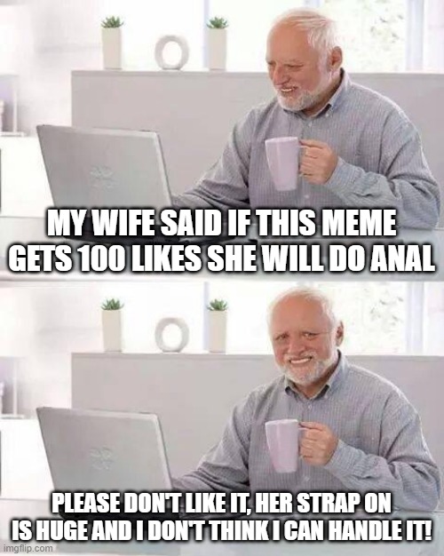 Like This Meme | MY WIFE SAID IF THIS MEME GETS 100 LIKES SHE WILL DO ANAL; PLEASE DON'T LIKE IT, HER STRAP ON IS HUGE AND I DON'T THINK I CAN HANDLE IT! | image tagged in memes,hide the pain harold | made w/ Imgflip meme maker