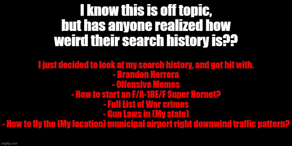 I know this is off topic, but has anyone realized how weird their search history is?? I just decided to look at my search history, and got hit with.

- Brandon Herrera
- Offensive Memes
- How to start an F/A-18E/F Super Hornet?
- Full List of War crimes
- Gun Laws in (My state)
- How to fly the (My location) municipal airport right downwind traffic pattern? | made w/ Imgflip meme maker