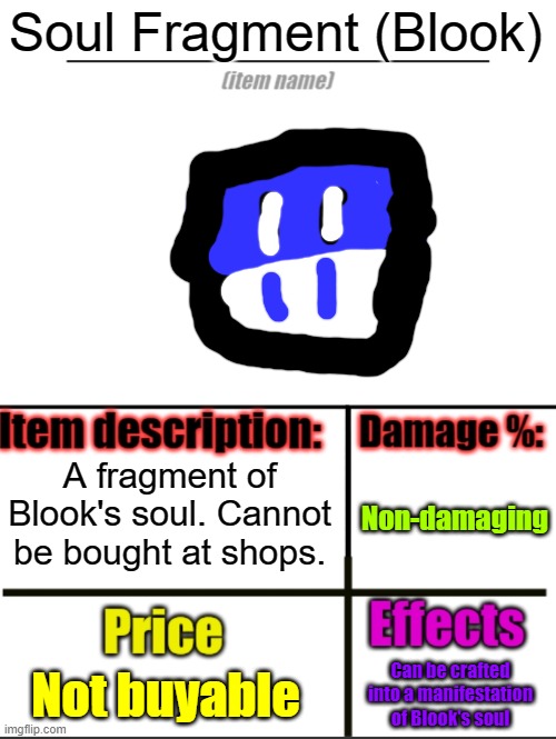 Item-shop extended | Soul Fragment (Blook); A fragment of Blook's soul. Cannot be bought at shops. Non-damaging; Not buyable; Can be crafted into a manifestation of Blook's soul | image tagged in item-shop extended | made w/ Imgflip meme maker