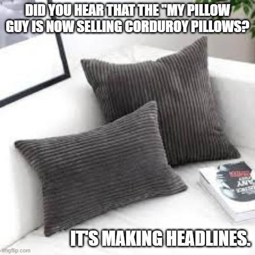 memes by Brad - New corduroy pillows are making headlines | DID YOU HEAR THAT THE "MY PILLOW GUY IS NOW SELLING CORDUROY PILLOWS? IT'S MAKING HEADLINES. | image tagged in funny,fun,funny meme,pillow,humor | made w/ Imgflip meme maker