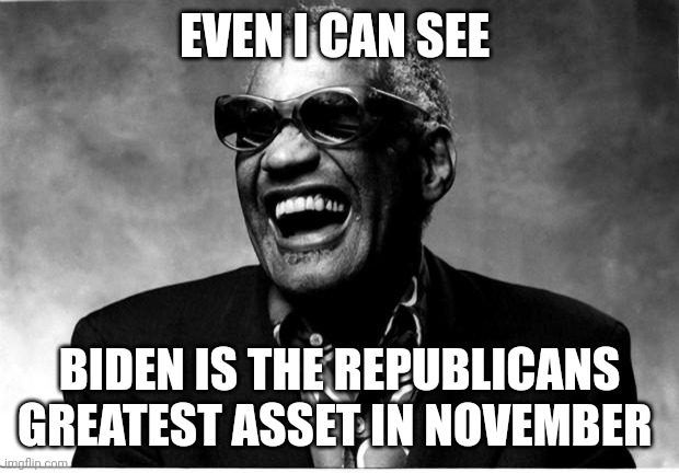 Once again Republicans will play into democrat machines hand | EVEN I CAN SEE; BIDEN IS THE REPUBLICANS GREATEST ASSET IN NOVEMBER | image tagged in ray charles | made w/ Imgflip meme maker