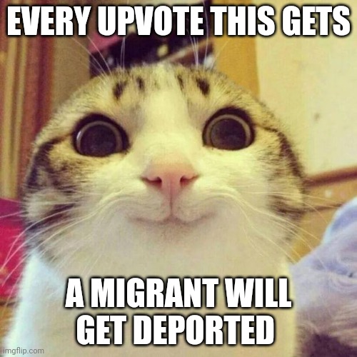 Send em back to Albania | EVERY UPVOTE THIS GETS; A MIGRANT WILL GET DEPORTED | image tagged in memes,smiling cat,illegal immigration,immigration | made w/ Imgflip meme maker