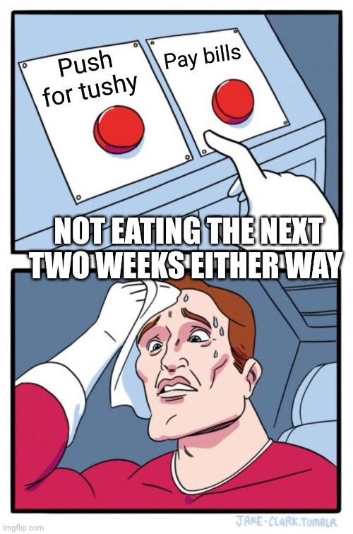 Two Buttons Meme | Pay bills; Push for tushy; NOT EATING THE NEXT TWO WEEKS EITHER WAY | image tagged in memes,two buttons | made w/ Imgflip meme maker