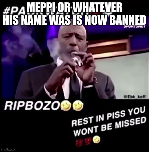 Rest in piss you won't be missed | MEPPI OR WHATEVER HIS NAME WAS IS NOW BANNED | image tagged in rest in piss you won't be missed | made w/ Imgflip meme maker