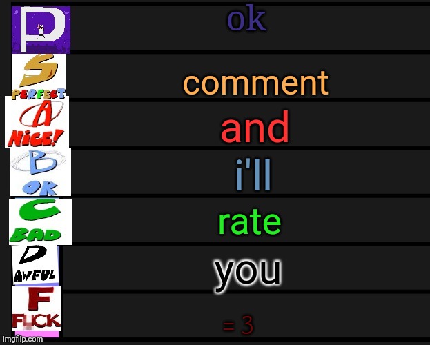 pizza tower tier list V1 | ok; comment; and; i'll; rate; you; =3 | image tagged in pizza tower tier list v1 | made w/ Imgflip meme maker