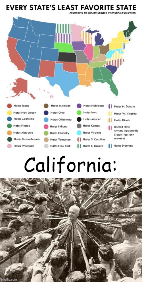 California: | image tagged in surrounded by bayonets | made w/ Imgflip meme maker