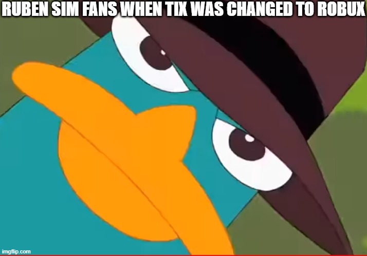 Perry looks at you | RUBEN SIM FANS WHEN TIX WAS CHANGED TO ROBUX | image tagged in perry looks at you | made w/ Imgflip meme maker