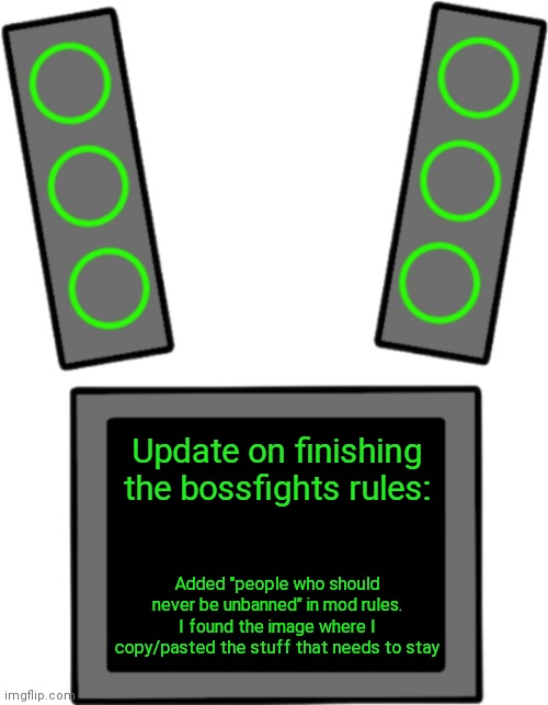Just letting y'all know I didn't forget. Also it turns out this was the only one I neglected to re-add before | Update on finishing the bossfights rules:; Added "people who should never be unbanned" in mod rules. I found the image where I copy/pasted the stuff that needs to stay | image tagged in blank data face | made w/ Imgflip meme maker