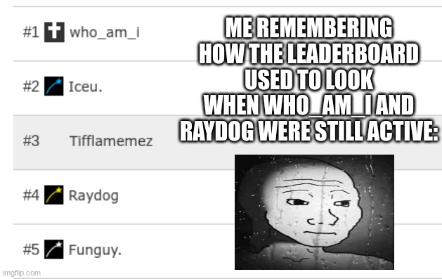:( its sad | ME REMEMBERING HOW THE LEADERBOARD USED TO LOOK WHEN WHO_AM_I AND RAYDOG WERE STILL ACTIVE: | image tagged in memes,fun,funny,sad,relatable,imgflip | made w/ Imgflip meme maker