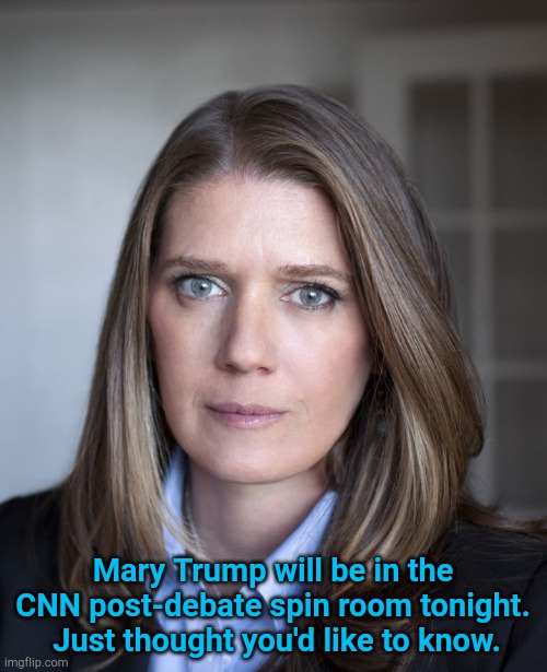 Uncle Donald stole his niece's inheritance.  Time for some payback. | Mary Trump will be in the CNN post-debate spin room tonight.  Just thought you'd like to know. | image tagged in mary trump | made w/ Imgflip meme maker