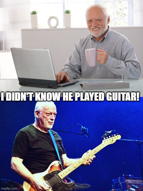 Just kidding. This is David Gilmour of Pink Floyd, but had all you young folks fooled, didn't I? | I DIDN'T KNOW HE PLAYED GUITAR! | image tagged in hide the pain harold large,david gilmour | made w/ Imgflip meme maker