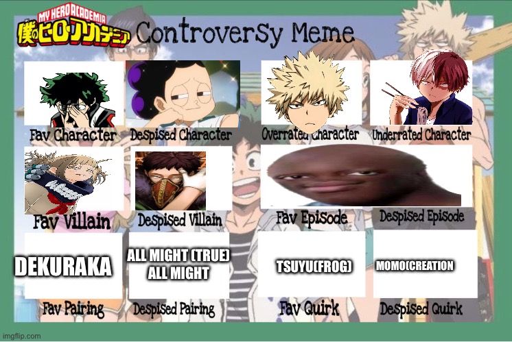 Mha controversy meme | TSUYU(FROG); MOMO(CREATION; ALL MIGHT (TRUE)
ALL MIGHT; DEKURAKA | image tagged in mha controversy meme | made w/ Imgflip meme maker