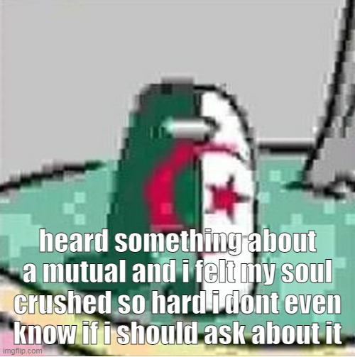 friend said it i know he doesn't lie. im so; | heard something about a mutual and i felt my soul crushed so hard i dont even know if i should ask about it | image tagged in algeriamogus | made w/ Imgflip meme maker