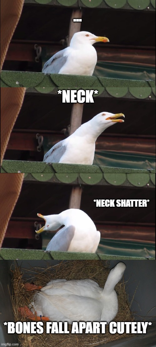 Inhaling Seagull | ... *NECK*; *NECK SHATTER*; *BONES FALL APART CUTELY* | image tagged in memes,inhaling seagull | made w/ Imgflip meme maker