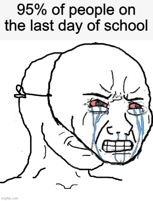 the 5% that have summer school.... | 95% of people on the last day of school | image tagged in guy with happy face crying mask,school,school sucks,bro im out of here,school memes,summer vacation | made w/ Imgflip meme maker