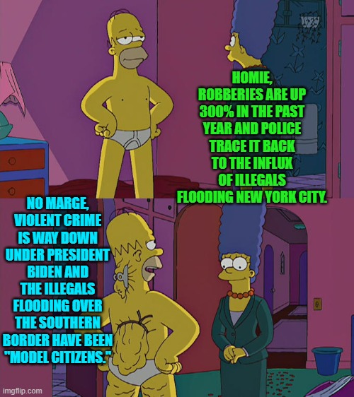 Go ahead Dem Party voters . . . and have another big scoop of that. | HOMIE, ROBBERIES ARE UP 300% IN THE PAST YEAR AND POLICE TRACE IT BACK TO THE INFLUX OF ILLEGALS FLOODING NEW YORK CITY. NO MARGE, VIOLENT CRIME IS WAY DOWN UNDER PRESIDENT BIDEN AND THE ILLEGALS FLOODING OVER THE SOUTHERN BORDER HAVE BEEN "MODEL CITIZENS." | image tagged in homer simpson's back fat | made w/ Imgflip meme maker