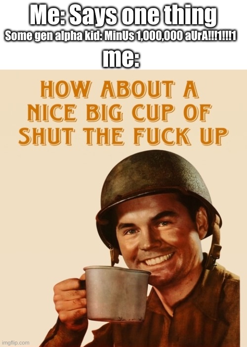 It's so annoying, I'm just trying to talk to my friend bro | Me: Says one thing; Some gen alpha kid: MinUs 1,000,000 aUrA!!!1!!!1; me: | image tagged in how about a nice big cup,of,shut the fuck up | made w/ Imgflip meme maker