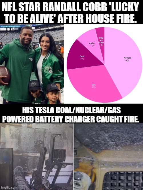 Randall Cobb, "Lucky to be Alive" after his coal-nuclear- and gas-powered battery charger caught fire. | NFL STAR RANDALL COBB 'LUCKY TO BE ALIVE' AFTER HOUSE FIRE. HIS TESLA COAL/NUCLEAR/GAS POWERED BATTERY CHARGER CAUGHT FIRE. | image tagged in fire,global warming | made w/ Imgflip meme maker