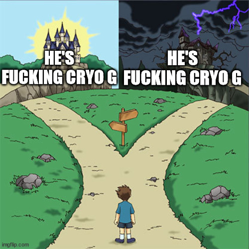 HE'S FUCKING CRYO G HE'S FUCKING CRYO G | image tagged in two paths | made w/ Imgflip meme maker