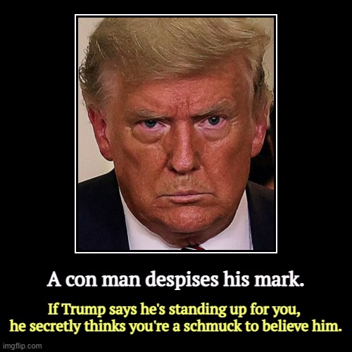 Are you that schmuck? | A con man despises his mark. | If Trump says he's standing up for you, 
he secretly thinks you're a schmuck to believe him. | image tagged in funny,demotivationals,con man,trump,hate,target | made w/ Imgflip demotivational maker