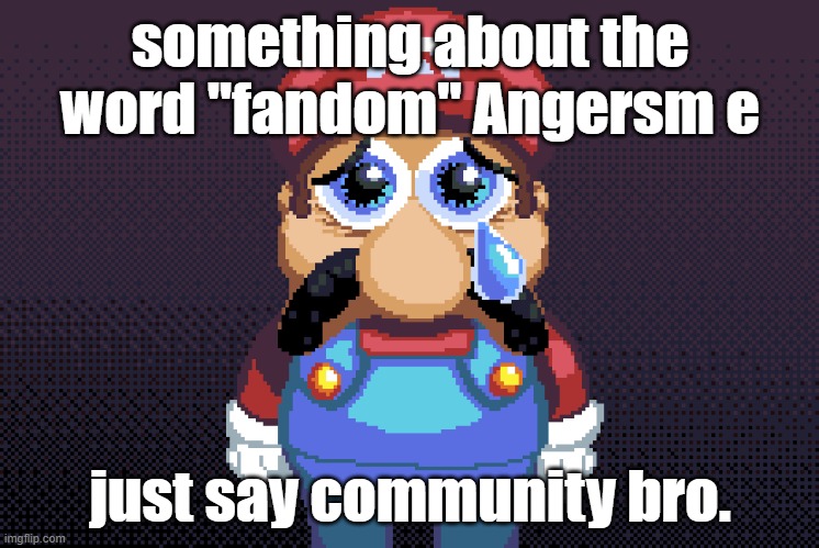 sad maro | something about the word "fandom" Angersm e; just say community bro. | image tagged in sad maro | made w/ Imgflip meme maker