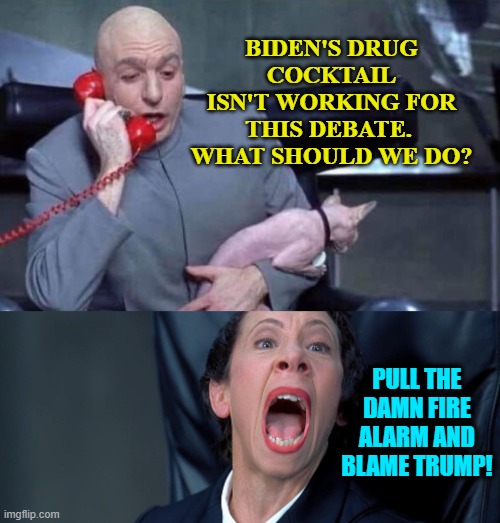 Yep . . . this time the drug cocktail doesn't seem to be working for Joe. | BIDEN'S DRUG COCKTAIL ISN'T WORKING FOR THIS DEBATE.  WHAT SHOULD WE DO? PULL THE DAMN FIRE ALARM AND BLAME TRUMP! | image tagged in dr evil and frau | made w/ Imgflip meme maker