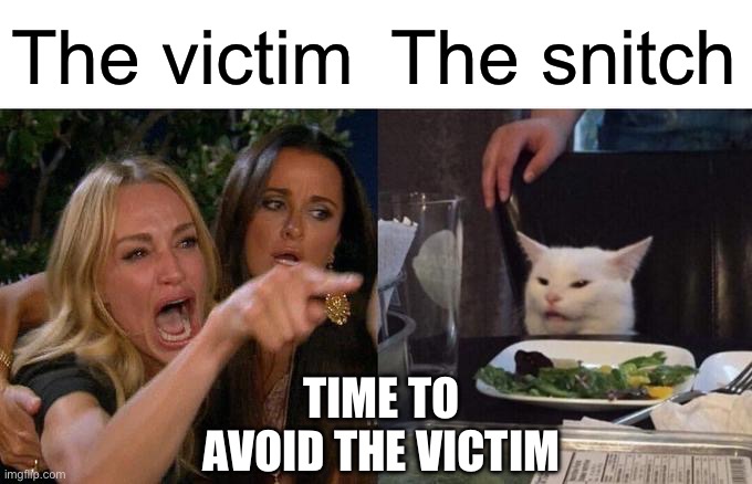 Woman Yelling At Cat | The victim; The snitch; TIME TO AVOID THE VICTIM | image tagged in memes,woman yelling at cat | made w/ Imgflip meme maker