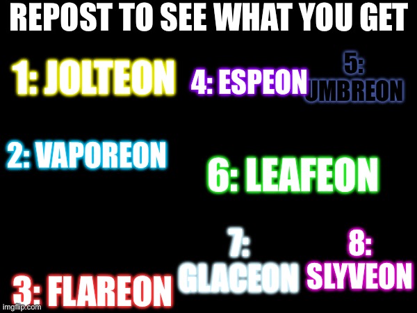 Tell me if you repost and send link to this stream | REPOST TO SEE WHAT YOU GET; 1: JOLTEON; 5: UMBREON; 4: ESPEON; 2: VAPOREON; 6: LEAFEON; 8: SLYVEON; 7: GLACEON; 3: FLAREON | image tagged in repost,eeveelutions | made w/ Imgflip meme maker